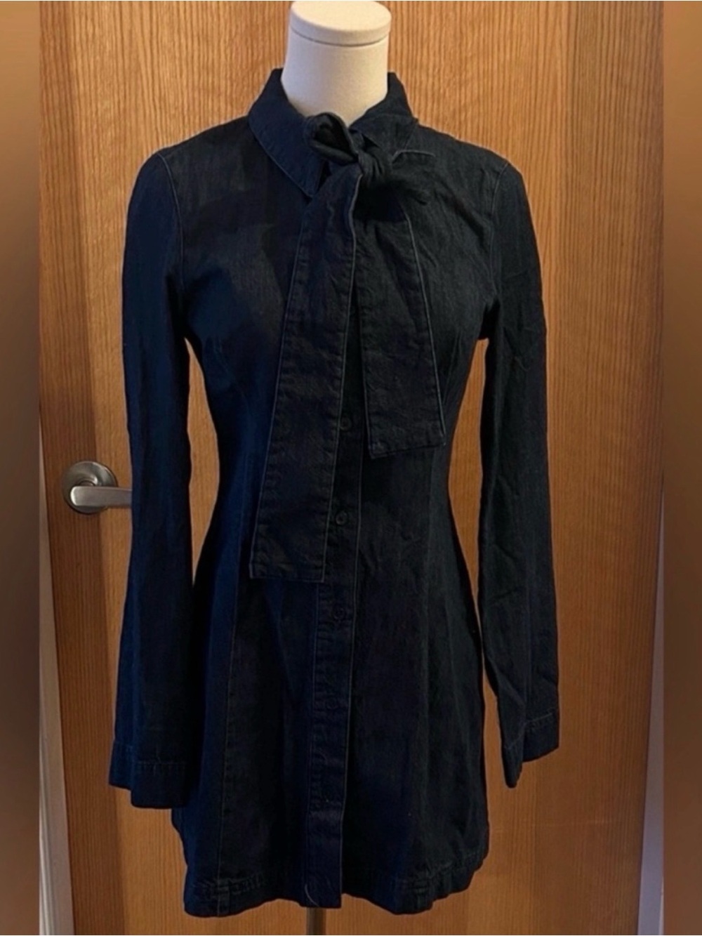 Zara Dark Denim Bow-Tie Shirt Dress - Navy